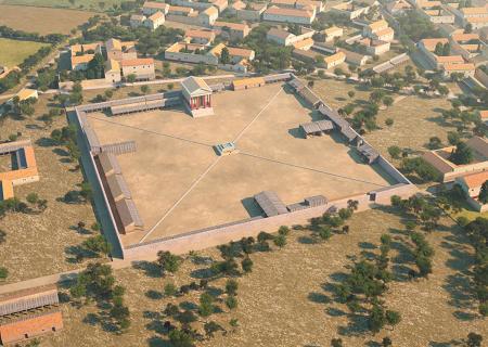 Imagen Foro pecuario Reconstrucción ideal. Vista general (infografía: J. R. Casals; según Martínez Caballero 2019).